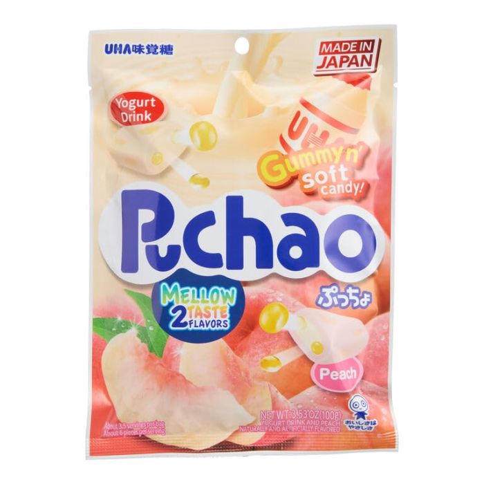 UHA MIKAKUTO: Puchao Yogurt and Peach Gummy Candy, 3.53 oz