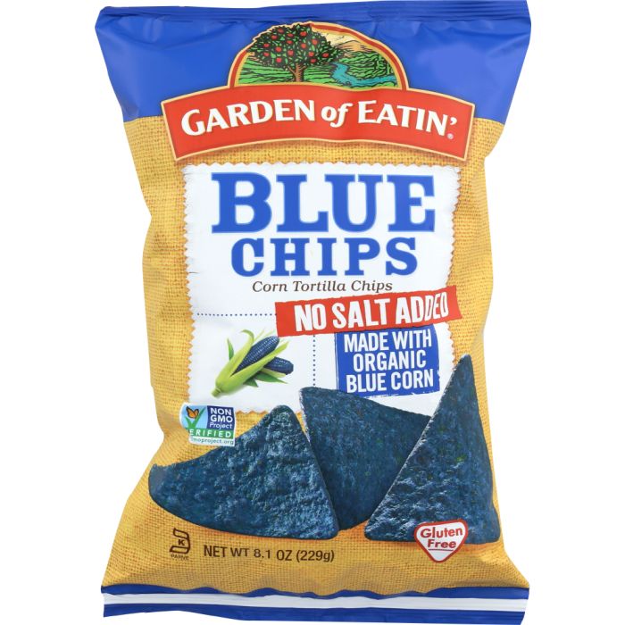 GARDEN OF EATIN: Blue Tortilla Corn Chips No Salt, 9 oz
