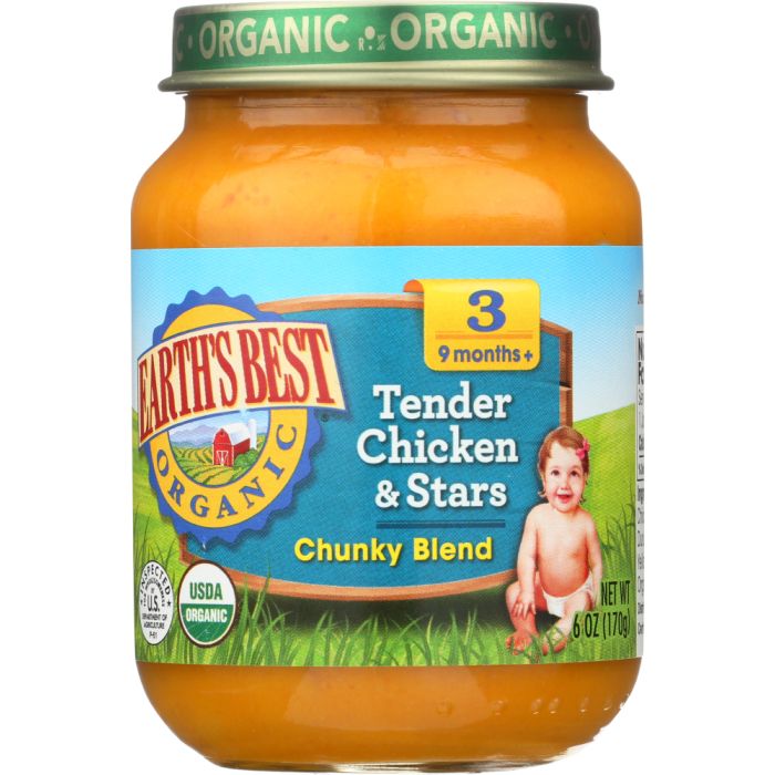 EARTH'S BEST: Organic Baby Food Stage 3 Tender Chicken & Stars Chunky Blend, 6 Oz