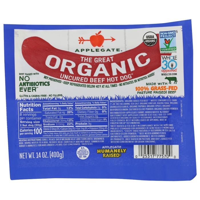 APPLEGATE: The Great Organic Uncured Beef Hot Dog, 14 oz