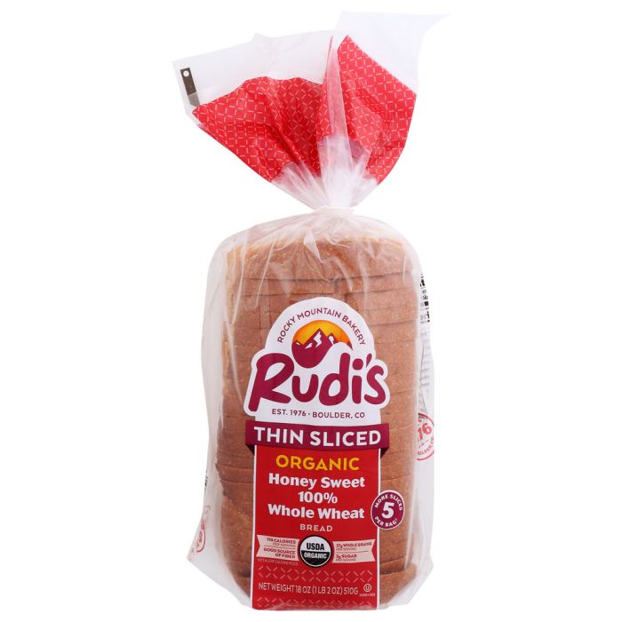 RUDIS: Thin Sliced Honey Sweet 100 Percent Whole Wheat Bread, 18 oz