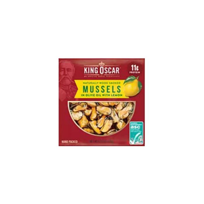 KING OSCAR: Smoked Mussels in Olive Oil with Lemon, 4.23 oz