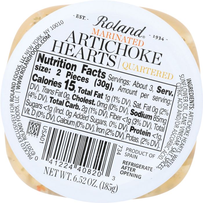 ROLAND: Marinated Quartered Artichoke Hearts, 6.5 oz