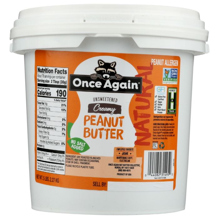 ONCE AGAIN: Natural Creamy Unsalted Peanut Butter, 5 lb
