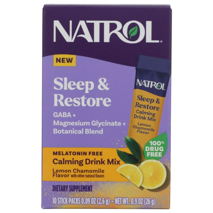 NATROL: Sleep and Restore Melatonin Free Calming Drink Mix Lemon Chamomile 10 packets, 0.9 oz