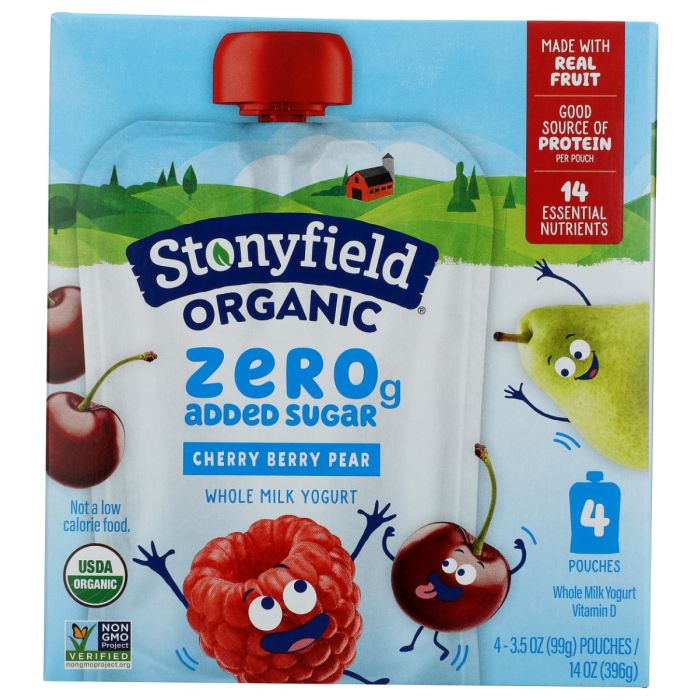 STONYFIELD: Zero Sugar Organic Cherry Berry Pear Whole Milk Yogurt 4 Count, 14 oz