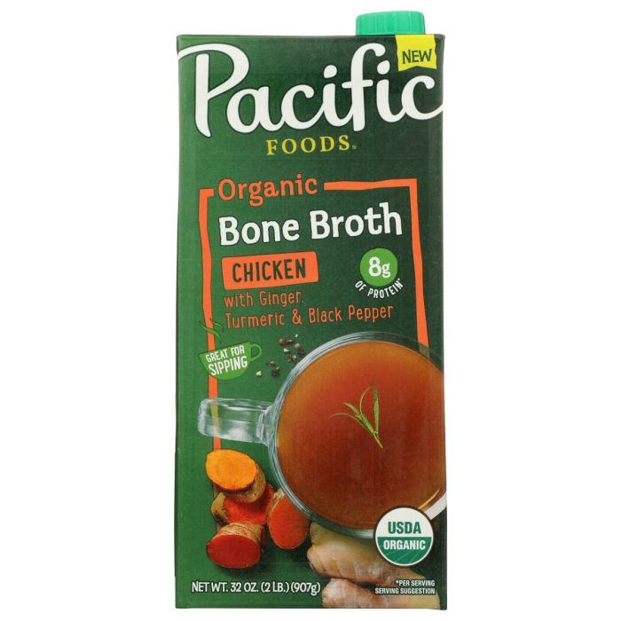 PACIFIC FOODS: Organic Chicken Bone Broth With Ginger, Turmeric, and Black Pepper, 32 oz