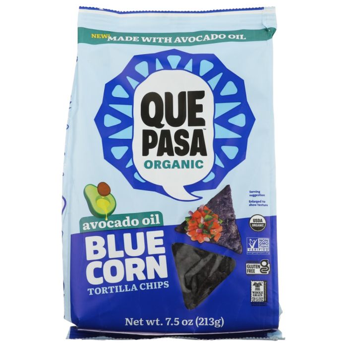 QUE PASA: Avocado Oil Blue Corn Tortilla Chips, 7.5 oz
