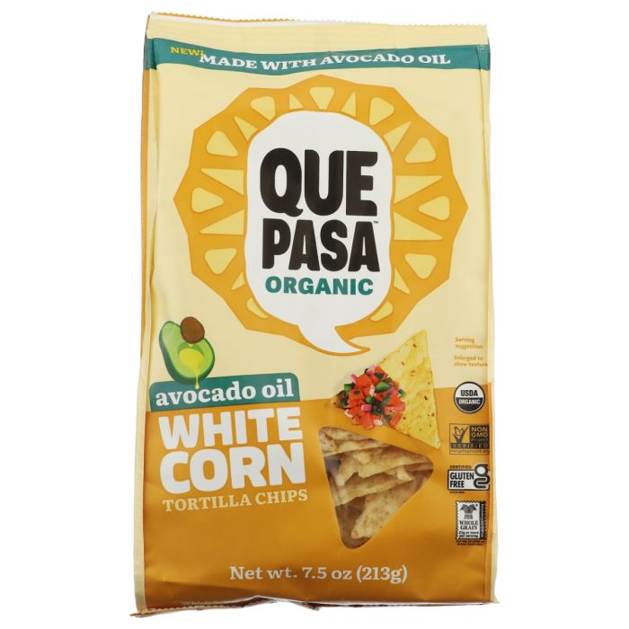QUE PASA: Avocado Oil White Corn Tortilla Chips, 7.5 oz