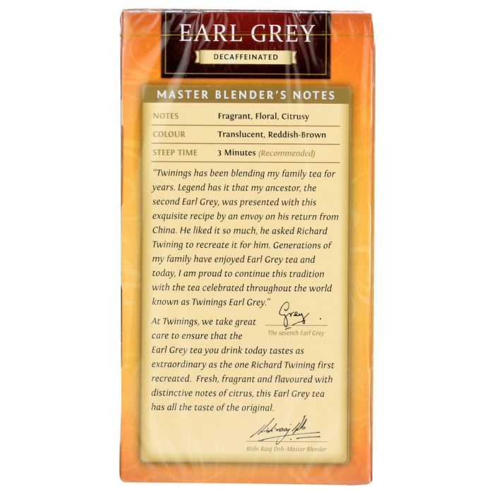 TWININGS OF LONDON: Classics Earl Grey Naturally Decaffeinated, 20 Tea Bags, 1.23 oz