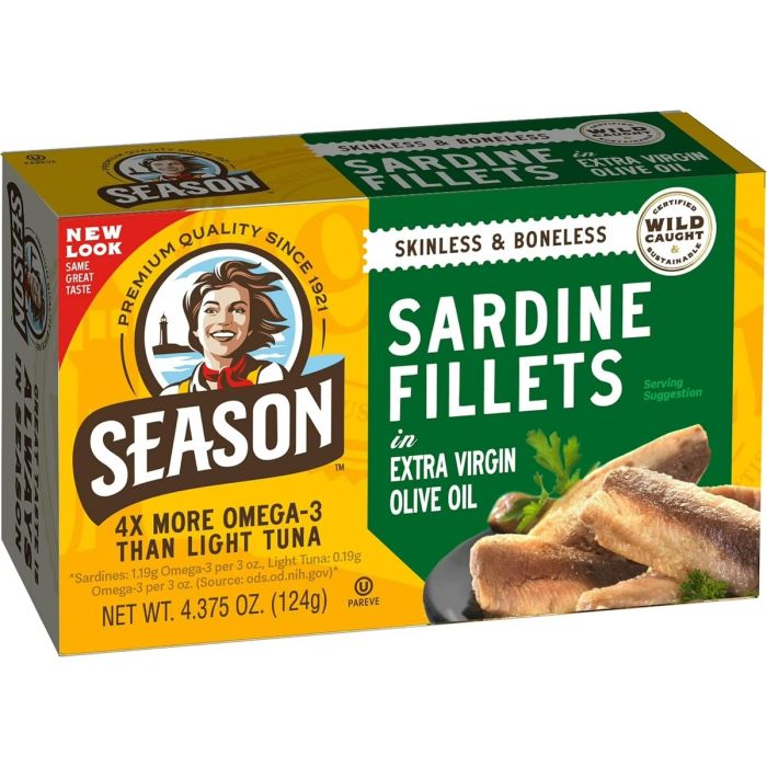 SEASONS: Skinless & Boneless Sardine Fillet in Extra Virgin Olive Oil, 4.375 oz