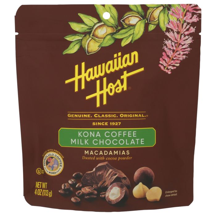 HAWAIIAN HOST: Kona Coffee Milk Chocolate Macadamias, 4 oz