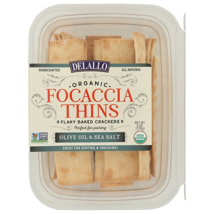DELALLO: Olive Oil and Sea Salt Organic Focaccia Thins Crackers, 6 oz