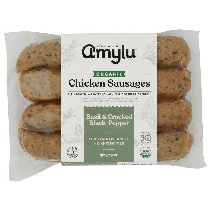 AMYLU FOODS: Organic Basil & Cracked Black Pepper Chicken Sausages, 12 oz