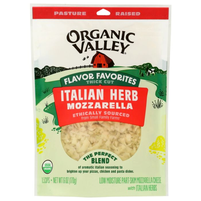 ORGANIC VALLEY: Flavor Favorite Italian Herb Shredded Mozzarella Cheese, 6 oz