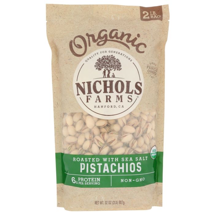 NICHOLS FARMS: In Shell Organic Roasted Pistachios with Sea Salt, 32 oz