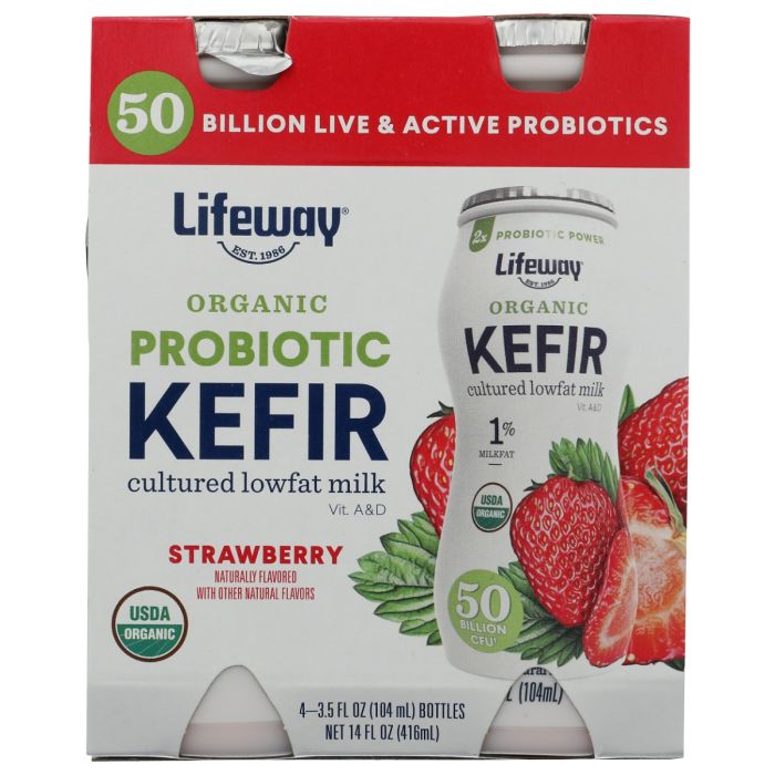 LIFEWAY: Organic Low Fat Strawberry Kefir 4 Bottles, 14 fo