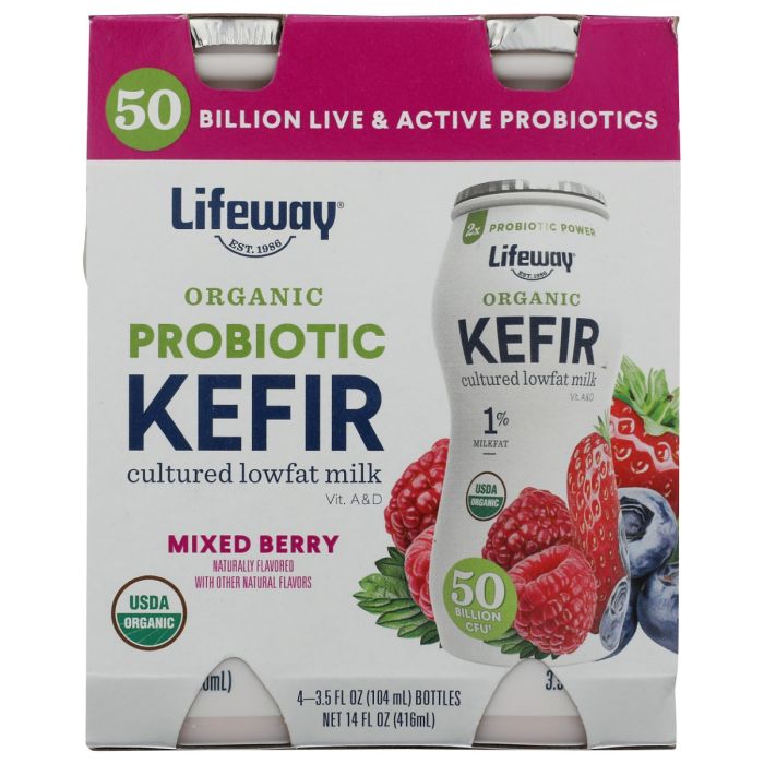 LIFEWAY: Organic Low Fat Mixed Berry Kefir 4 Bottles, 14 fo