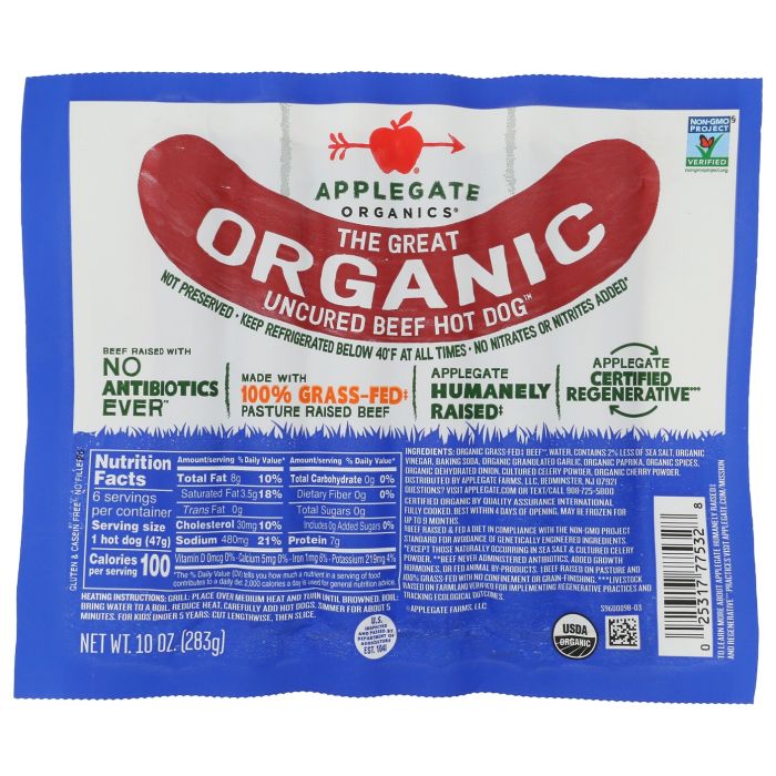 APPLEGATE: Uncured Beef Hot Dog Organic, 10 oz