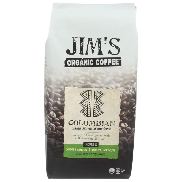 JIMS ORGANIC COFFEE: Columbian Ground Coffee Organic, 12 oz