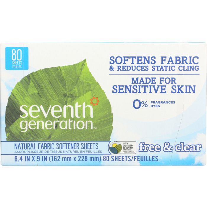 SEVENTH GENERATION: Natural Fabric Softener Sheets Free & Clear, 80 Sheets