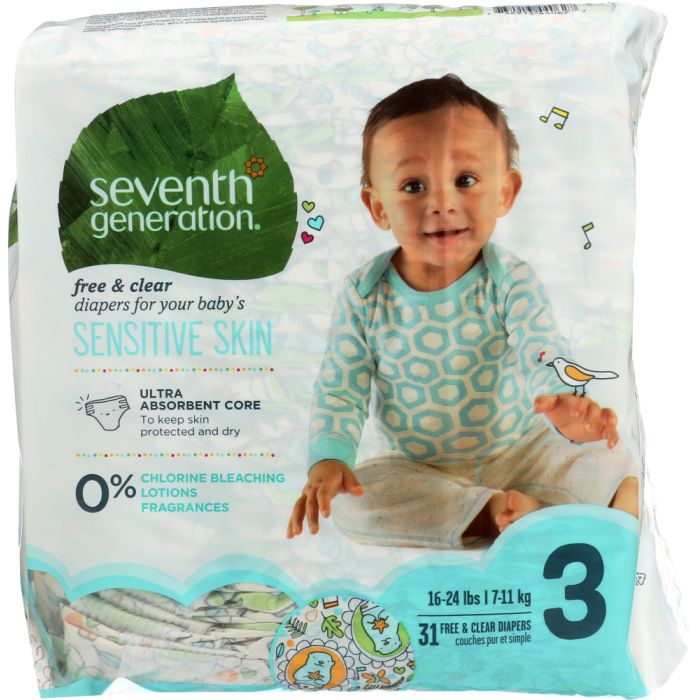 SEVENTH GENERATION: Baby Free & Clear Diapers Size 3 16-28 lbs, 31 pc