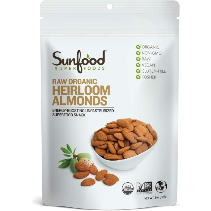 SUNFOOD SUPERFOODS: Raw Organic Heirloom Almonds, 8 oz