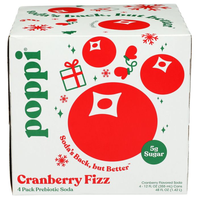 POPPI: Cranberry Fizz Prebiotic Soda 4 Cans, 48 fo