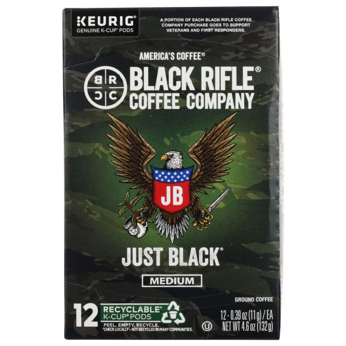 BLACK RIFLE COFFEE: Just Black Medium Roast Coffee 12 K-Cup Pods, 4.68 oz