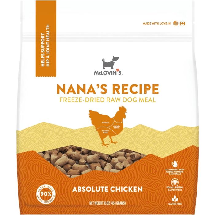 MCLOVINS PET FOOD: Dog Meal Freeze Dried Nanas Absolute Chicken Recipe, 16 oz