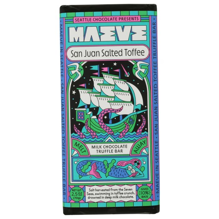 MAEVE BY SEATTLE CHOCOLATE: San Juan Salted Toffee Milk Chocolate Truffle Bar, 2.5 oz