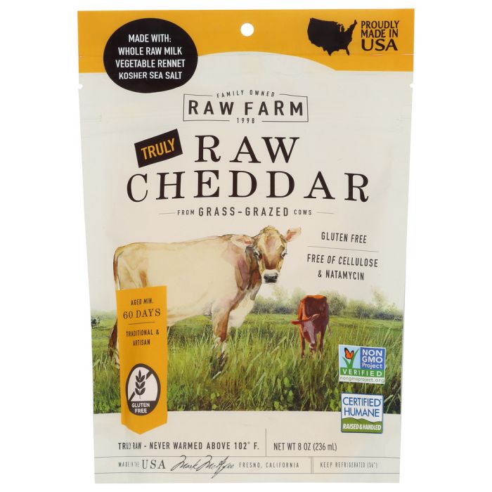 ORGANIC PASTURES: Raw Cheddar Cheese Grass-Grazed Shredded, 8 oz