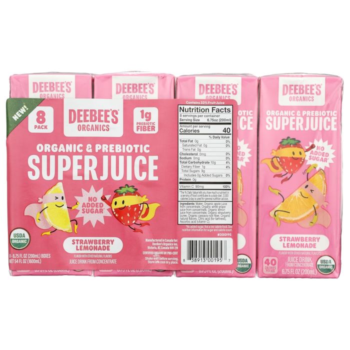 DEEBEES ORGANIC: Organic And Prebiotic Super Juice Strawberry Lemonade 8Pk, 54 fo
