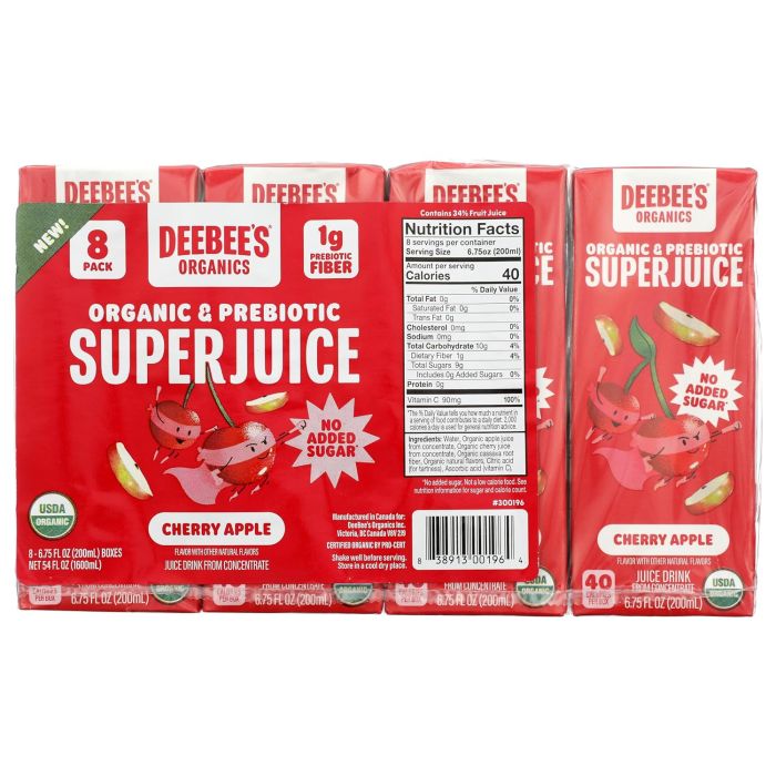 DEEBEES ORGANIC: Organic And Prebiotic Super Juice Cherry Apple 8Pk, 54 fo