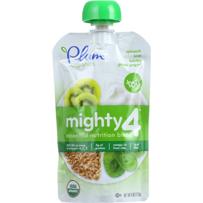 PLUM ORGANICS: Tots Mighty 4 Essential Nutrition Blend Spinach Kiwi Barley Greek Yogurt, 4 oz