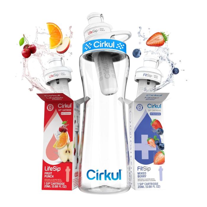 CIRKUL: 22 Ounce Clear Plastic Water Bottle Starter Kit With Blue Lid 2 Flavor Cartridge Fruit Punch And Mixed Berry, 1 ea