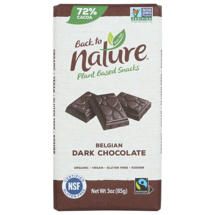 BACK TO NATURE: 72 Percent Dark Belgian Chocolate Bar, 3 oz