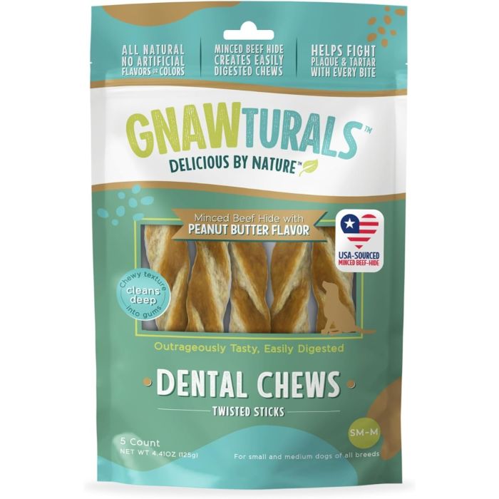 GNAWTURALS: Twisted Dental Chews Stick Peanut Butter for Small to Medium Dogs, 4.41 oz
