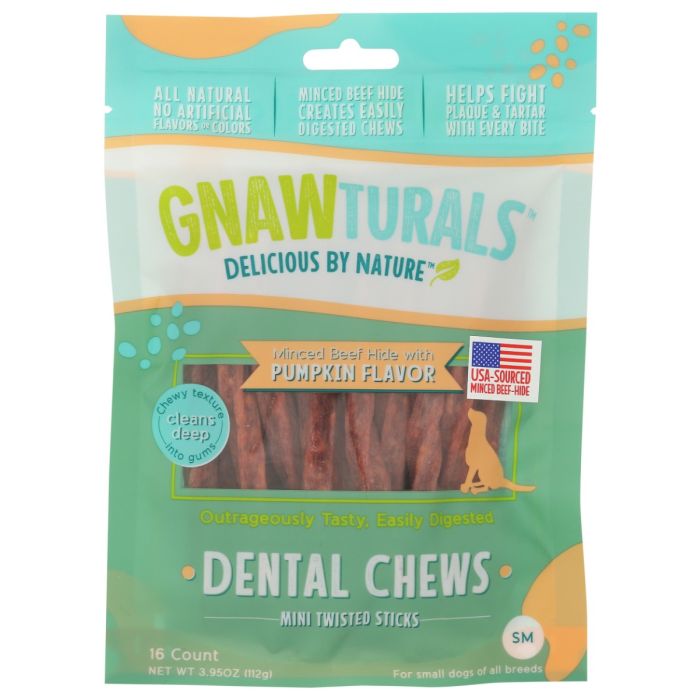 GNAWTURALS: Mini Twisted Dental Dog Chews Stick Pumpkin, 3.95 oz