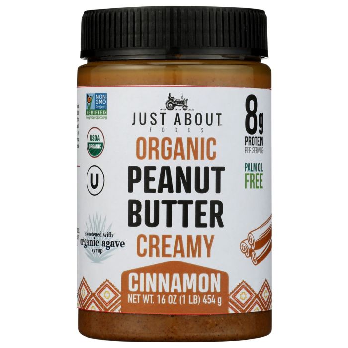 JUST ABOUT FOODS: Organic Peanut Butter Creamy Cinnamon, 16 oz