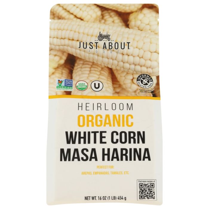 JUST ABOUT FOODS: Heirloom Organic White Corn Masa Harina, 16 oz