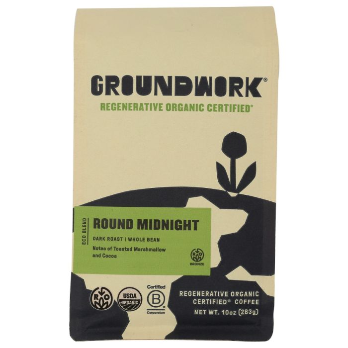 GROUNDWORK COFFEE: Regenerative Organic Certified Round Midnight Dark Roast Whole Bean, 10 oz