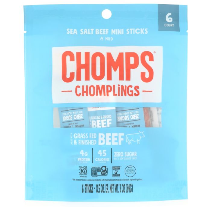 CHOMPS: Chomplings Sea Salt Beef Jerky Sticks 6Pc, 3 oz