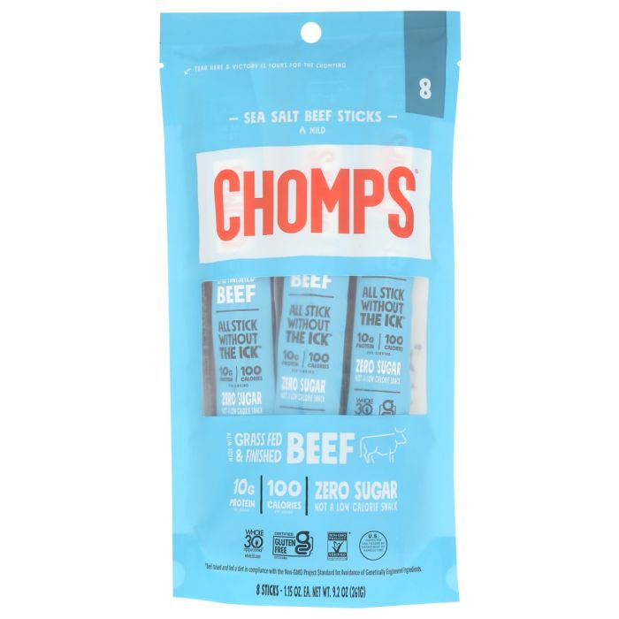 CHOMPS: Sea Salt Beef Jerky Sticks 8Pc, 9.2 oz