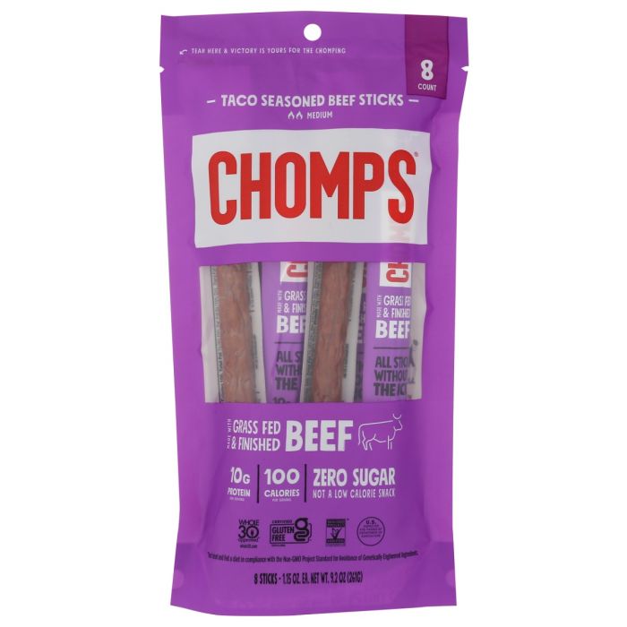 CHOMPS: Grass Fed And Finished Taco Beef Sticks 8Pk, 9.2 oz