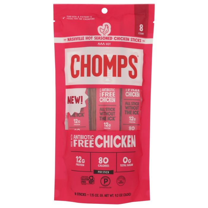 CHOMPS: Nashville Hot Seasoned Chicken 8 Sticks, 9.2 oz