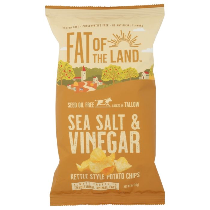 FAT OF THE LAND: Sea Salt and Vinegar Tallow-Cooked Kettle Style Potato Chips, 5 oz