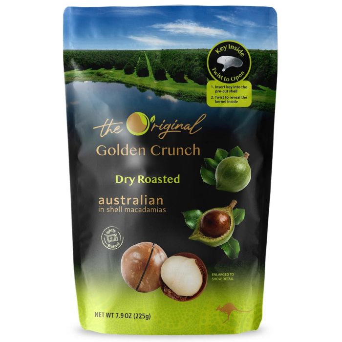 GOLDEN CRUNCH: Dry Roasted Macadamias, 7.9 oz