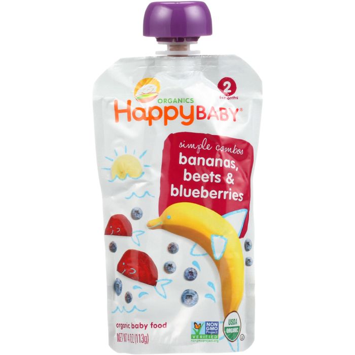 HAPPY BABY: Organic Baby Food Stage 2 Bananas Beets & Blueberries 6+ Months, 4 oz