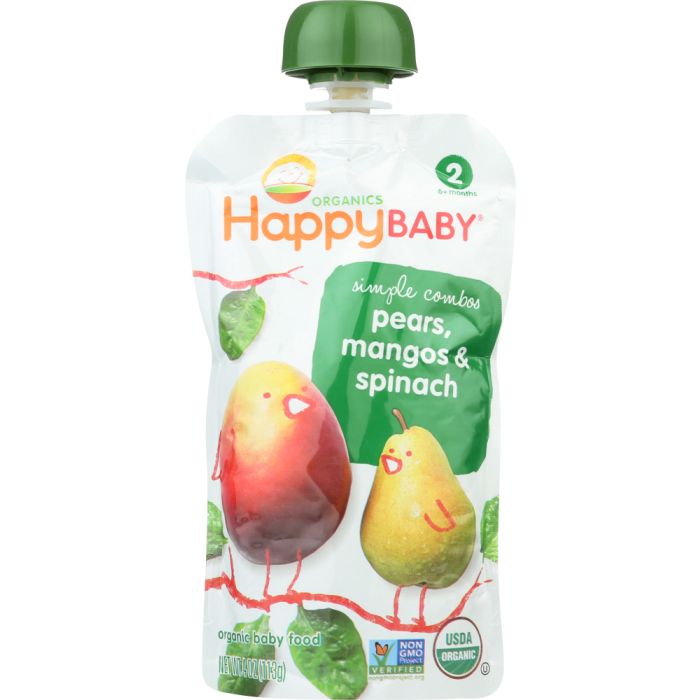 HAPPY BABY: Organic Baby Food Stage 2 Spinach Mangos & Pears 6+ Months, 3.5 oz
